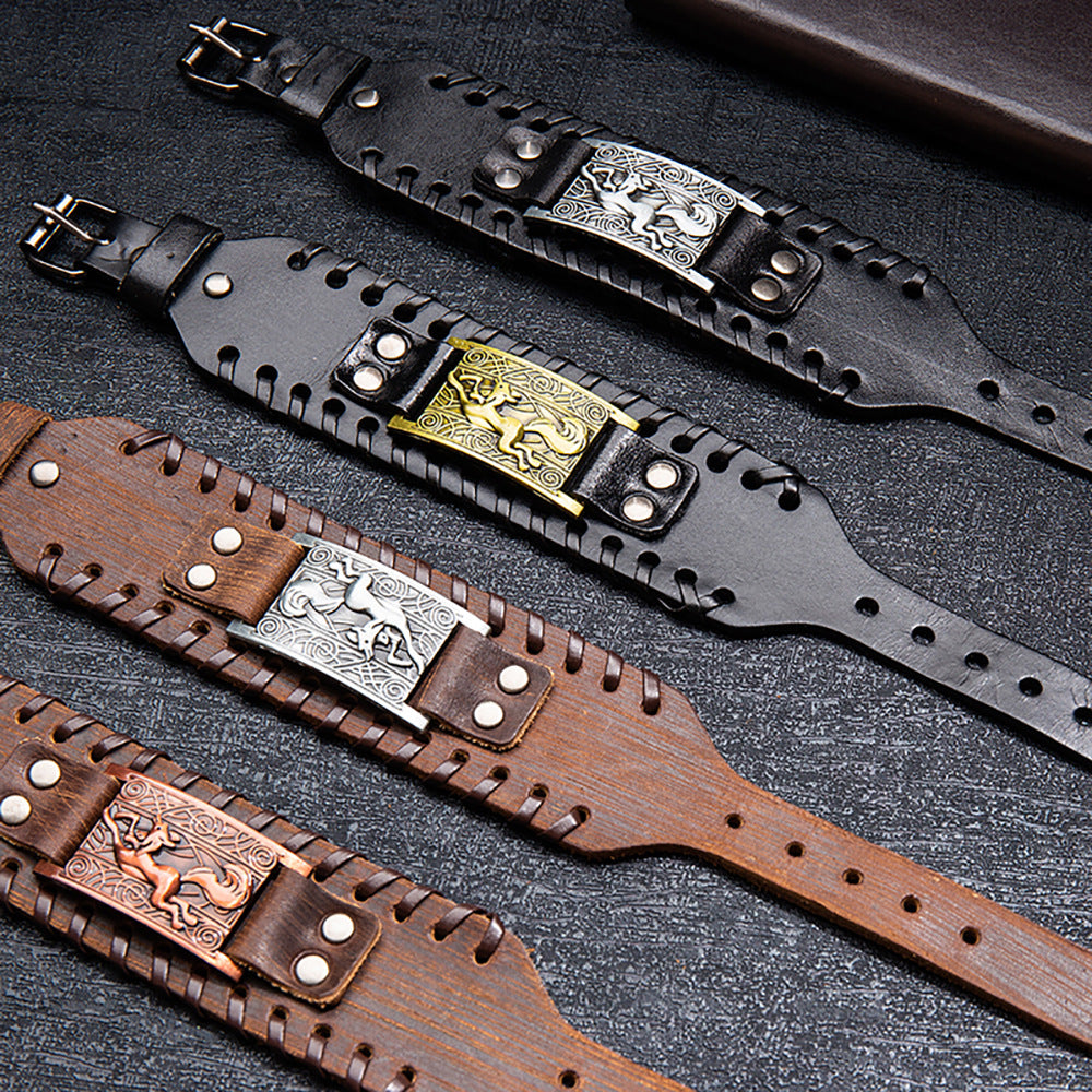 Wholesale Men's Alloy Fox Wide Leather Braided Bracelet